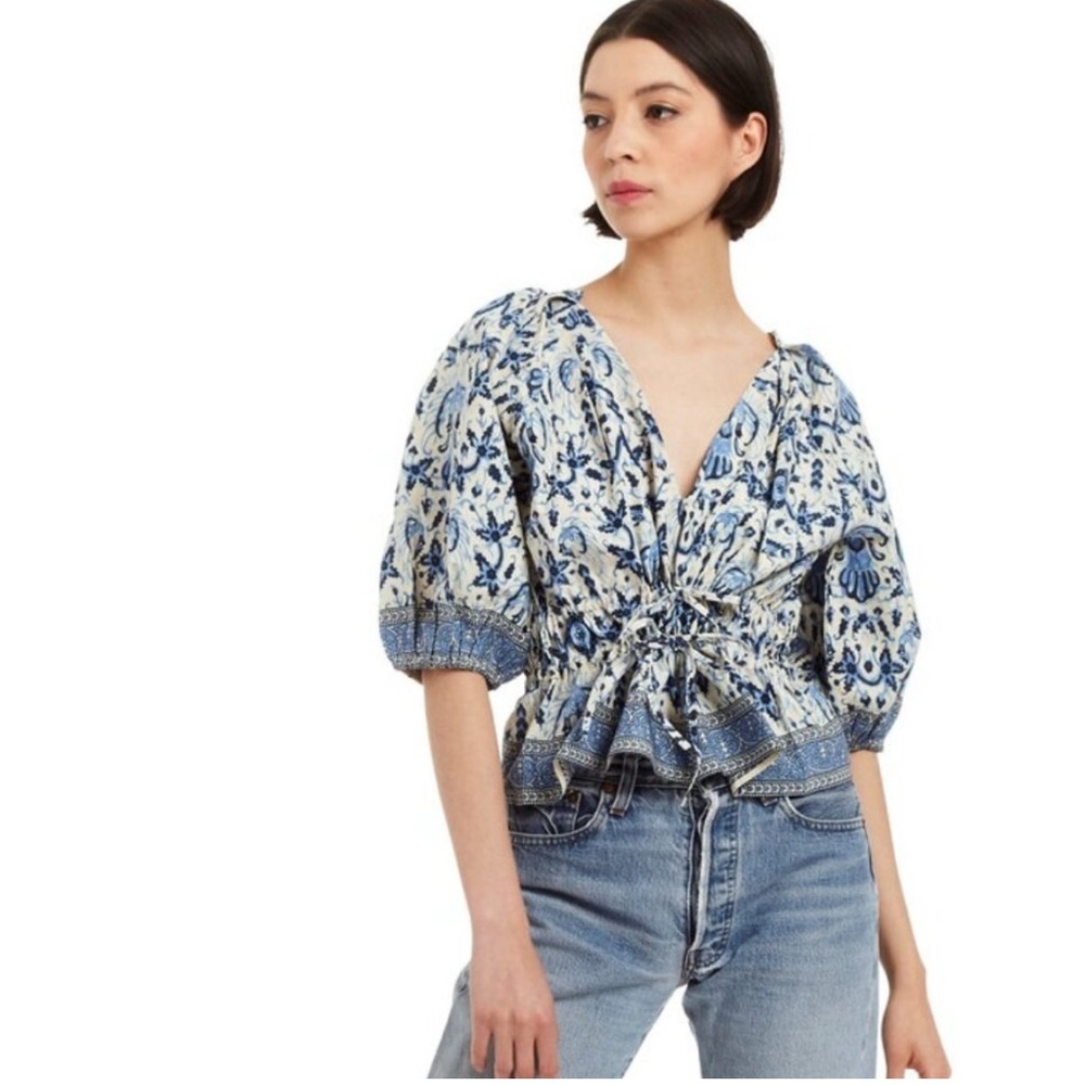 Love the Label Nikita Puff‎ Sleeve Blouse Blue and White Floral Tie Waist Small